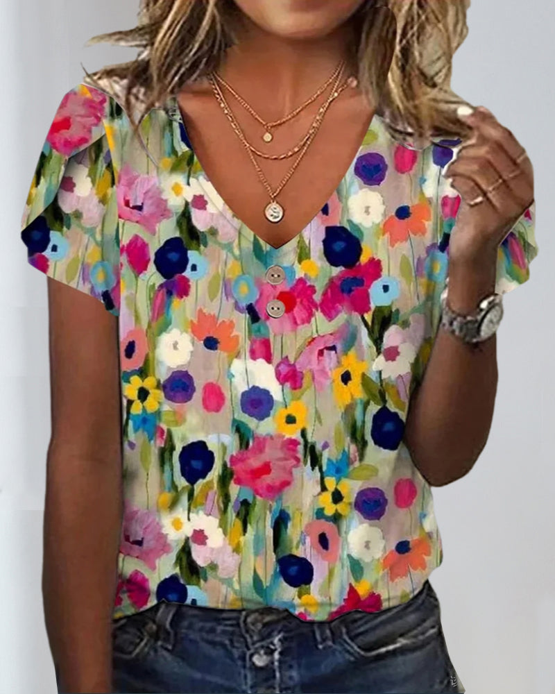 Aliams | Kurzärmlige Farbenfrohe Blumenbluse mit V-Ausschnitt