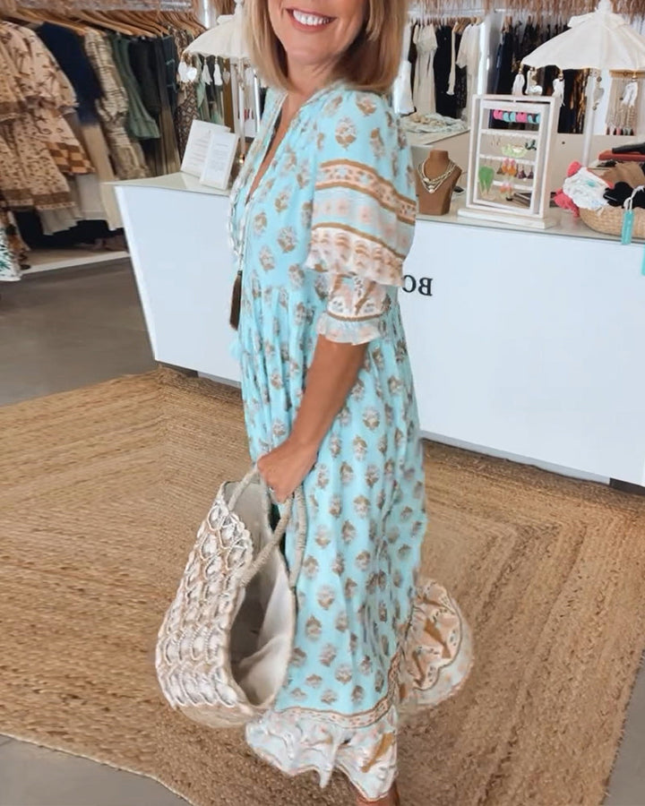 Aliams | Lässiges Bedrucktes Kleid mit V-Ausschnitt und Halblangen Ärmeln