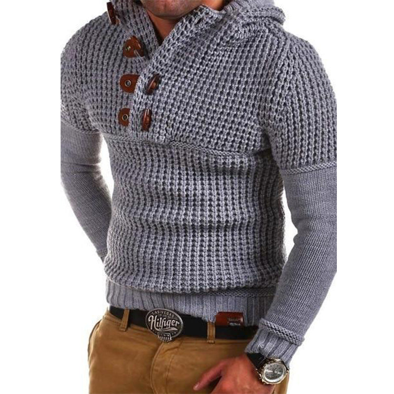 Herren Strickpullover mit Kapuze und modernen Holzknöpfen Aliams