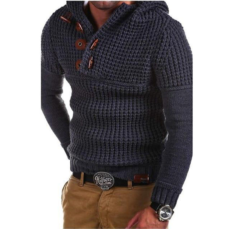 Herren Strickpullover mit Kapuze und modernen Holzknöpfen Aliams