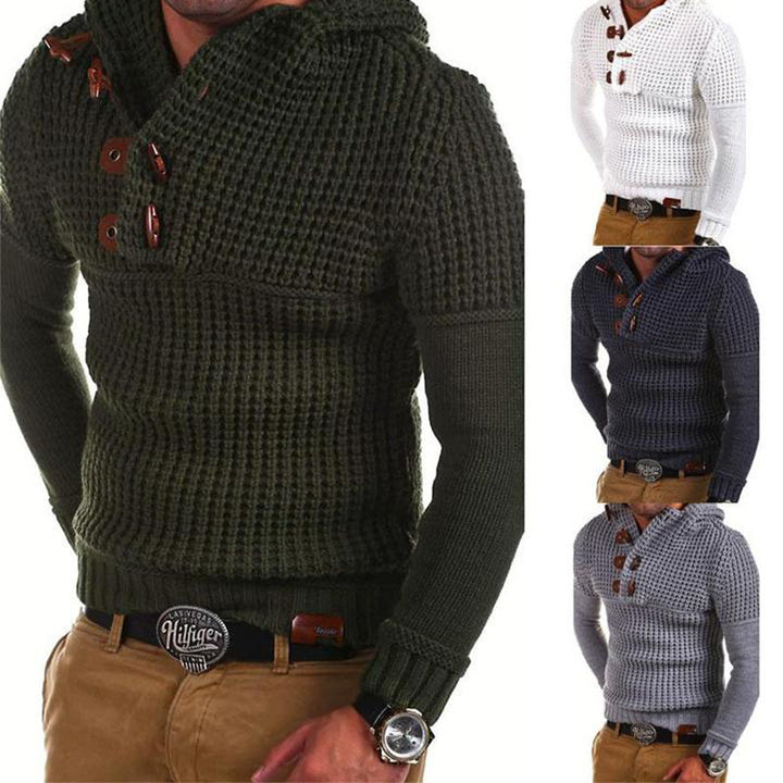 Herren Strickpullover mit Kapuze und modernen Holzknöpfen Aliams