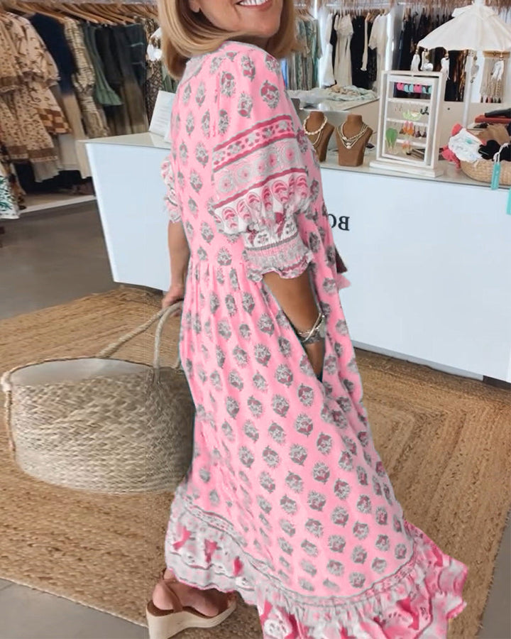 Aliams | Lässiges Bedrucktes Kleid mit V-Ausschnitt und Halblangen Ärmeln