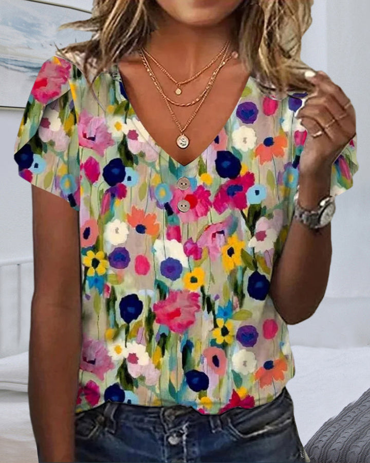 Aliams | Kurzärmlige Farbenfrohe Blumenbluse mit V-Ausschnitt