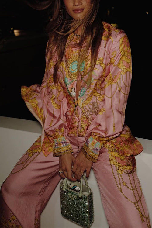 Aliams | Rosiedress Einzigartiger Print Lantern Lange Ärmel Bluse Shirt und Weite Hosen Urlaub Outfit Set