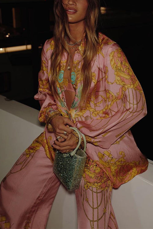 Aliams | Rosiedress Einzigartiger Print Lantern Lange Ärmel Bluse Shirt und Weite Hosen Urlaub Outfit Set