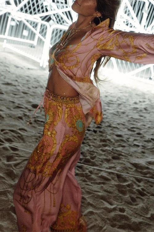 Aliams | Rosiedress Einzigartiger Print Lantern Lange Ärmel Bluse Shirt und Weite Hosen Urlaub Outfit Set