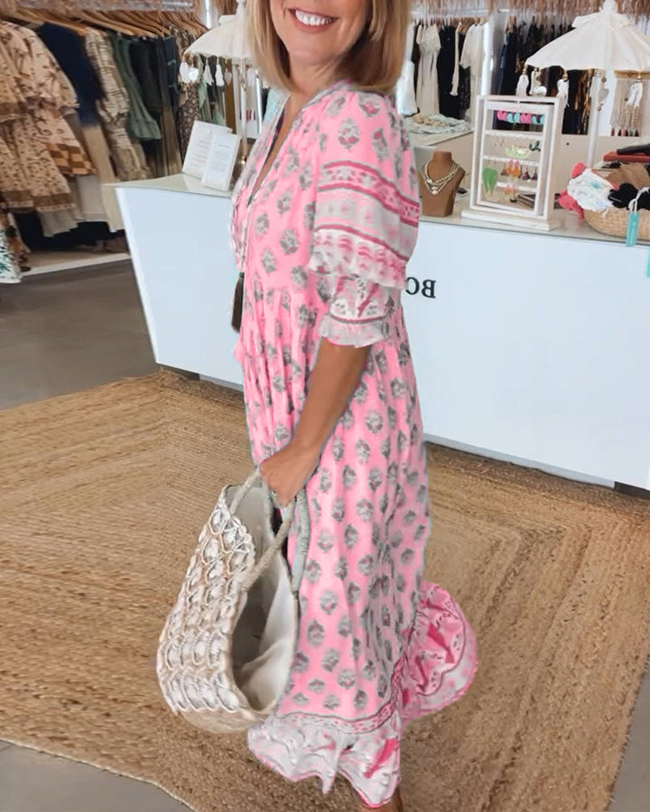 Aliams | Lässiges Bedrucktes Kleid mit V-Ausschnitt und Halblangen Ärmeln