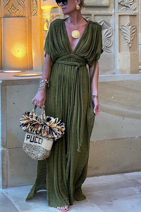 Aliams | Kimono-Maxikleid Aus Leinenmischung Im Griechischen Stil mit Zöpfen und Schlitz