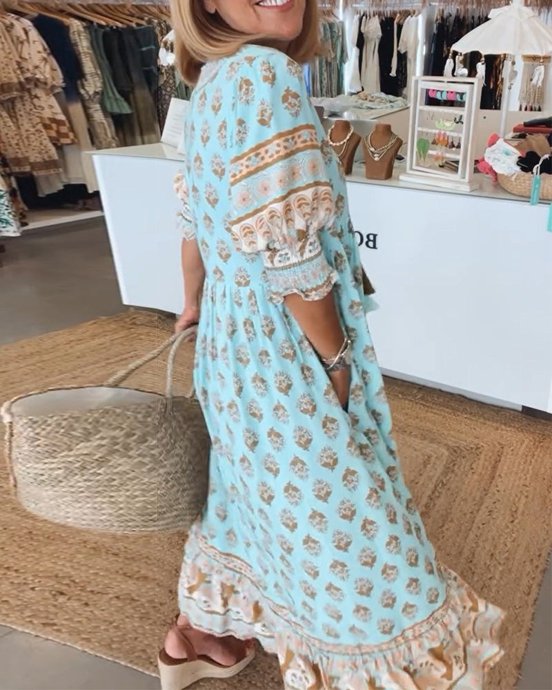 Aliams | Lässiges Bedrucktes Kleid mit V-Ausschnitt und Halblangen Ärmeln