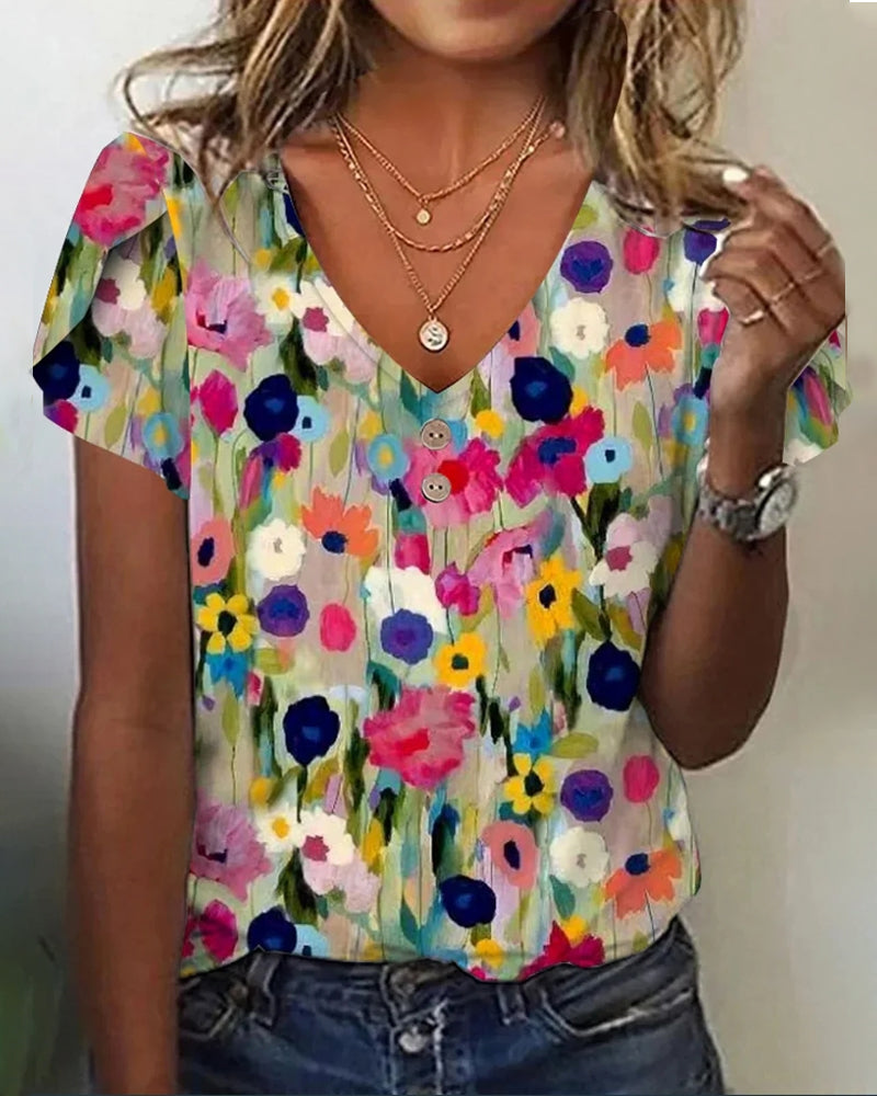Aliams | Kurzärmlige Farbenfrohe Blumenbluse mit V-Ausschnitt