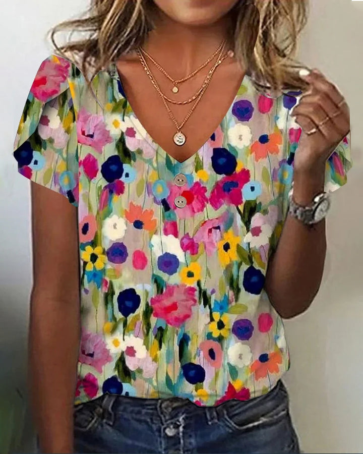 Aliams | Kurzärmlige Farbenfrohe Blumenbluse mit V-Ausschnitt