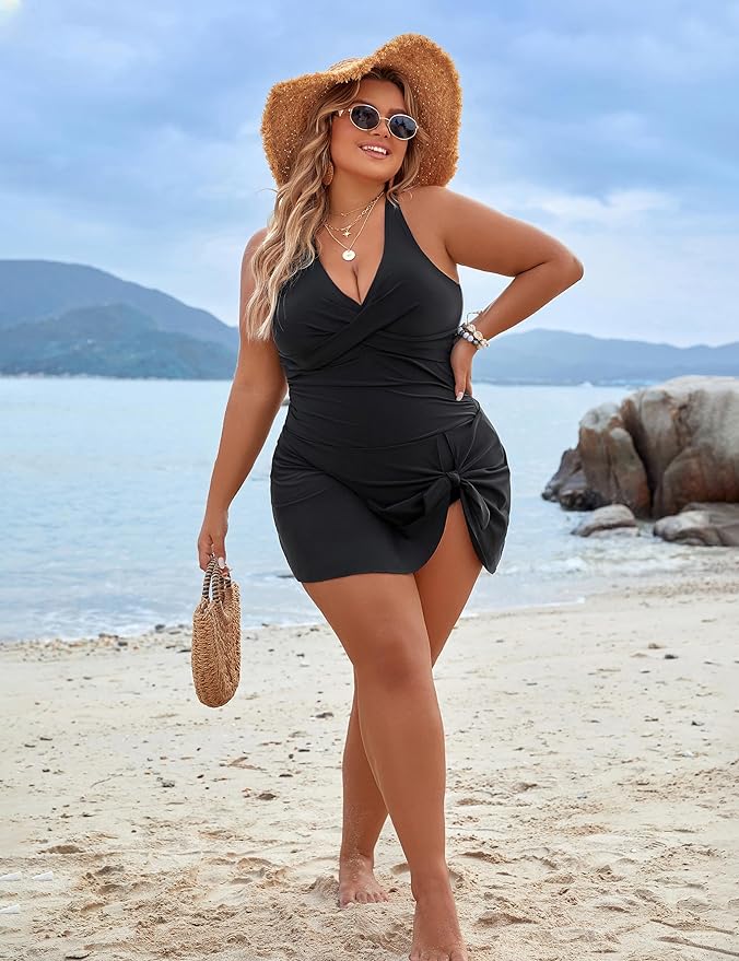 Aliams | Plus Size Einteiler Schwimmdress Badeanzug Bauchkontrolle Badeanzüge