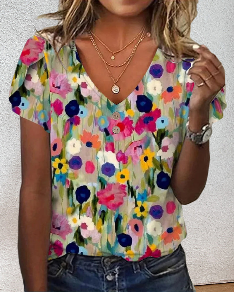 Aliams | Kurzärmlige Farbenfrohe Blumenbluse mit V-Ausschnitt