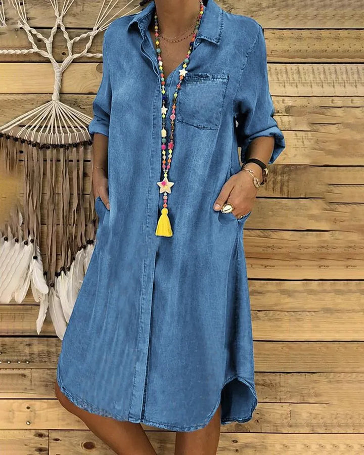 Aliams | Jeans Midi-Kleid mit Umgeschlagenen Ärmeln und Brusttasche.