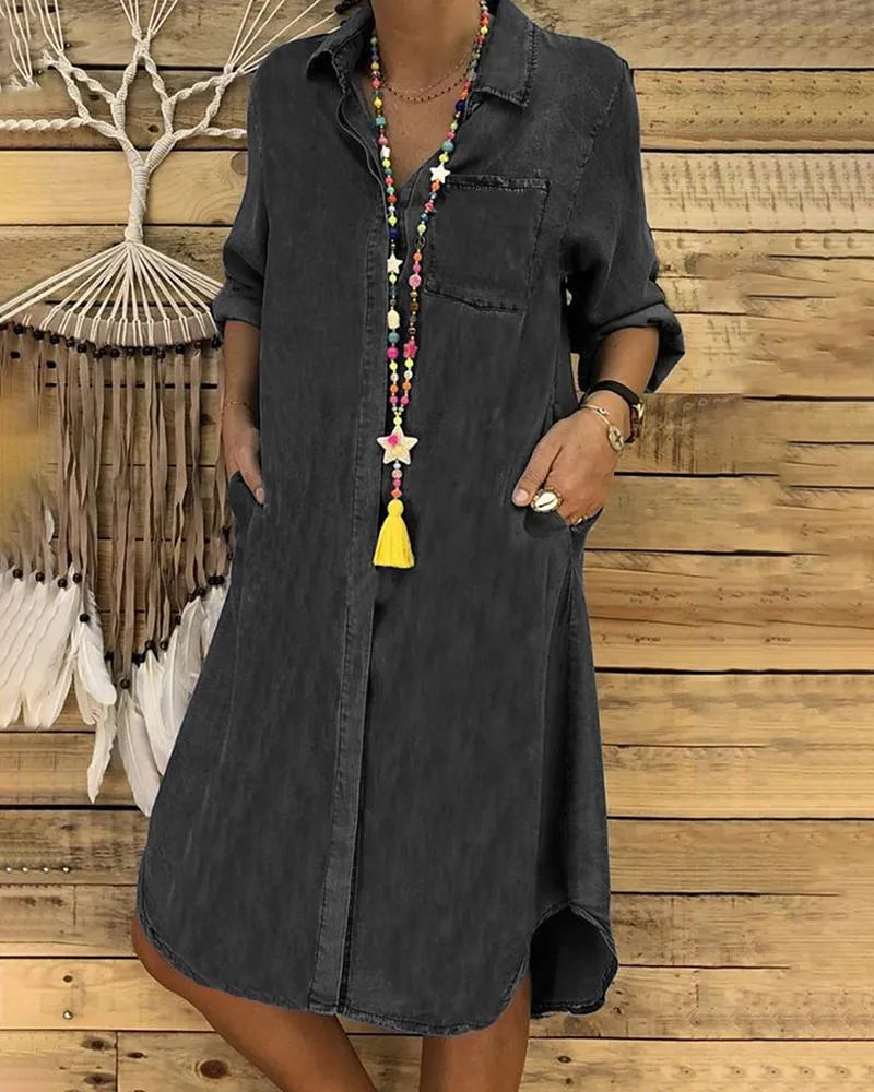Aliams | Jeans Midi-Kleid mit Umgeschlagenen Ärmeln und Brusttasche.