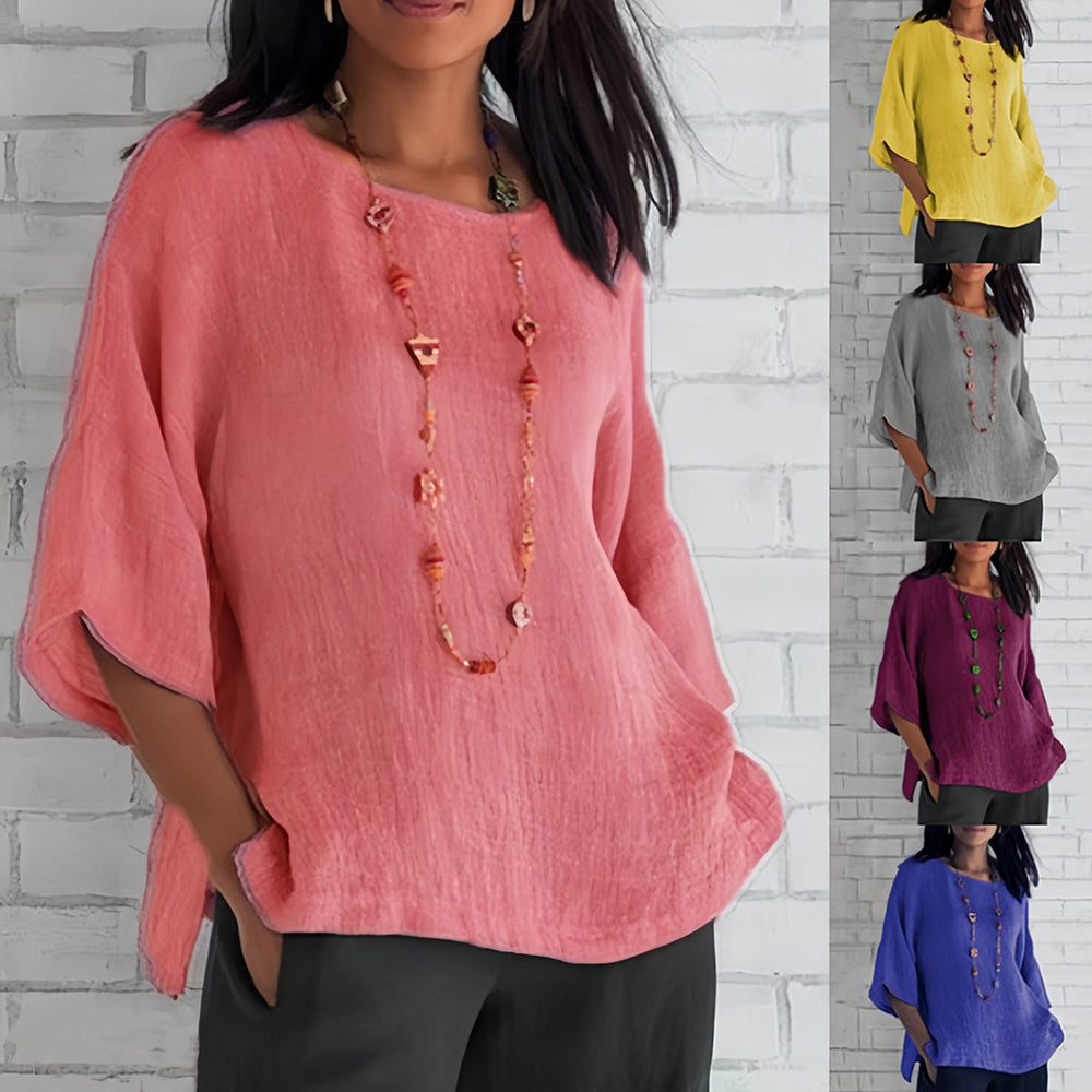 Aliams | Rosafarbenes, lockeres Rundhals-Shirt mit 3/4-Ärmeln für Damen