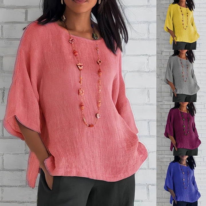 Aliams | Rosafarbenes, lockeres Rundhals-Shirt mit 3/4-Ärmeln für Damen