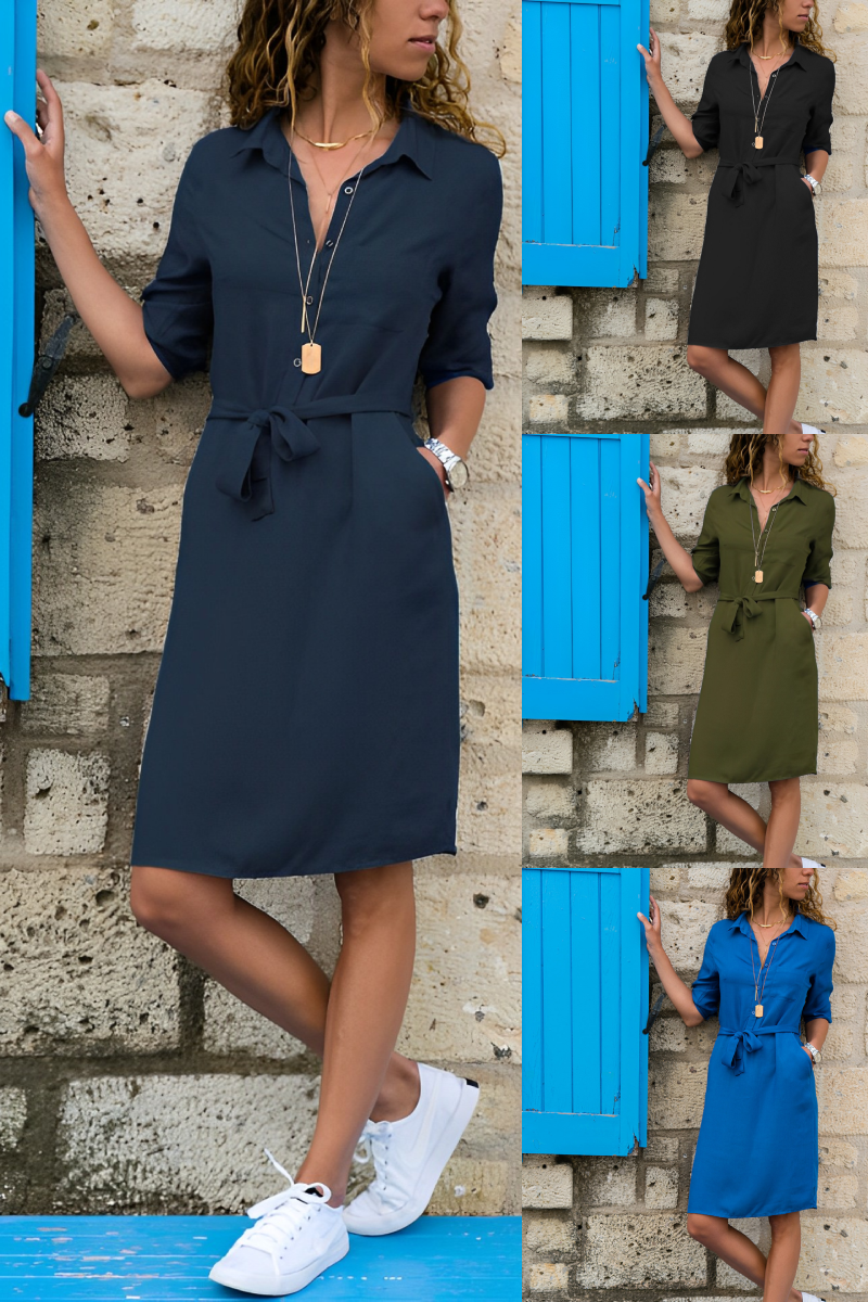 Aliams | Knielanges Kleid mit Taschen und Kurzen Ärmeln