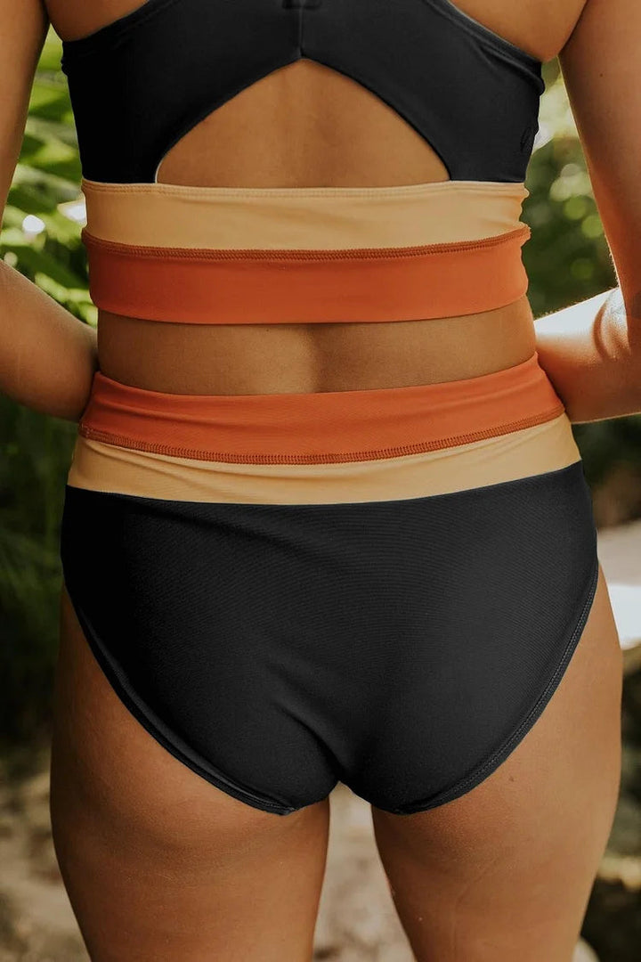 Aliams | High Waist Colorblock Marine Cut Back Crop Bikini Set