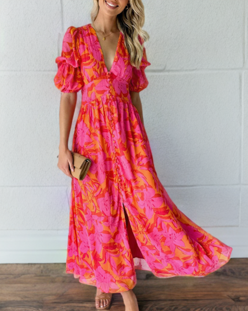 Aliams | Elegantes Kleid mit Puffärmeln und Tiefem V-Ausschnitt Druck
