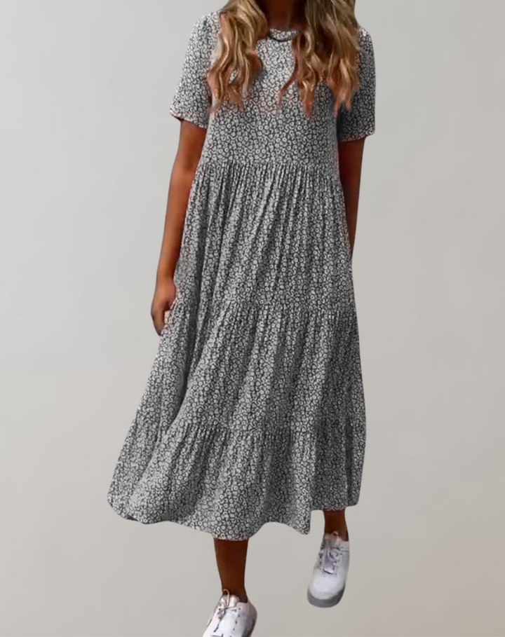 Aliams | Lässiges, Kurzärmliges Midikleid mit Blumenmuster Fließendes Kleid für Damen