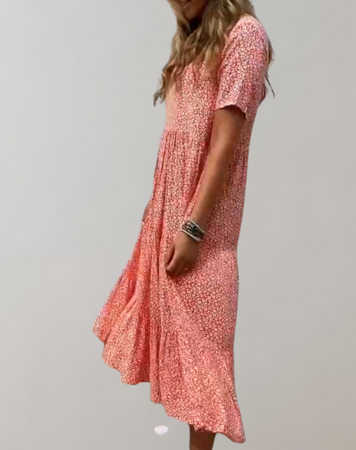 Aliams | Lässiges, Kurzärmliges Midikleid mit Blumenmuster Fließendes Kleid für Damen