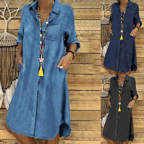 Aliams | Jeans Midi-Kleid mit Umgeschlagenen Ärmeln und Brusttasche.