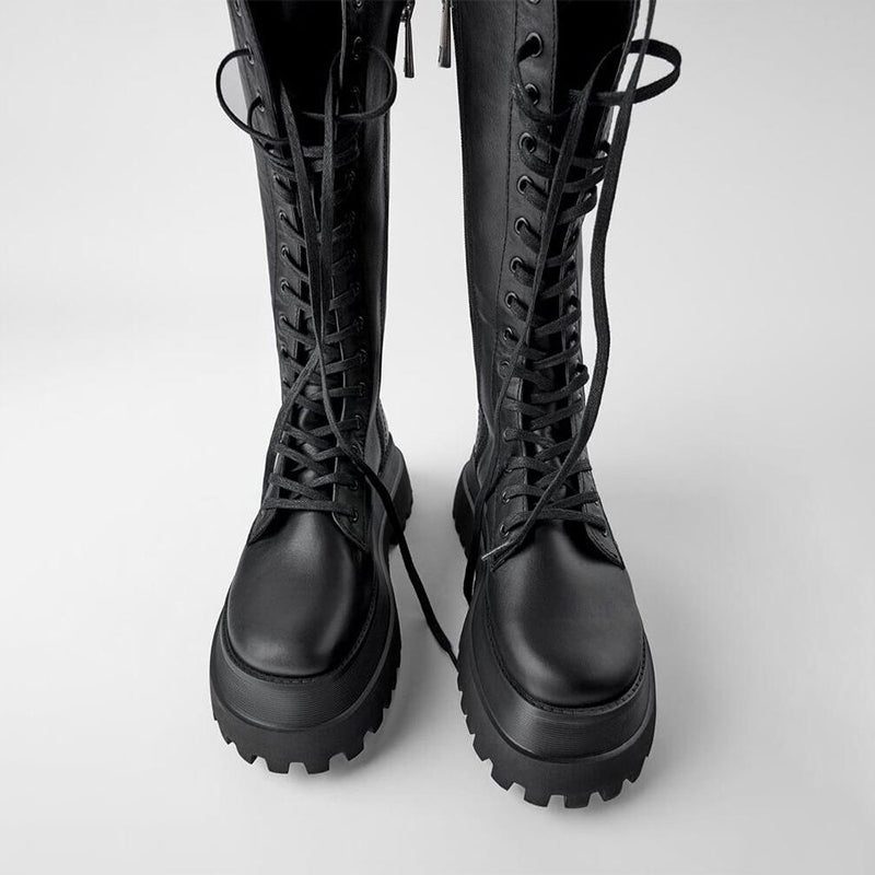 Aliams | Hohe Stiefel Damen Schwarz mit Schnürung Tracksohle