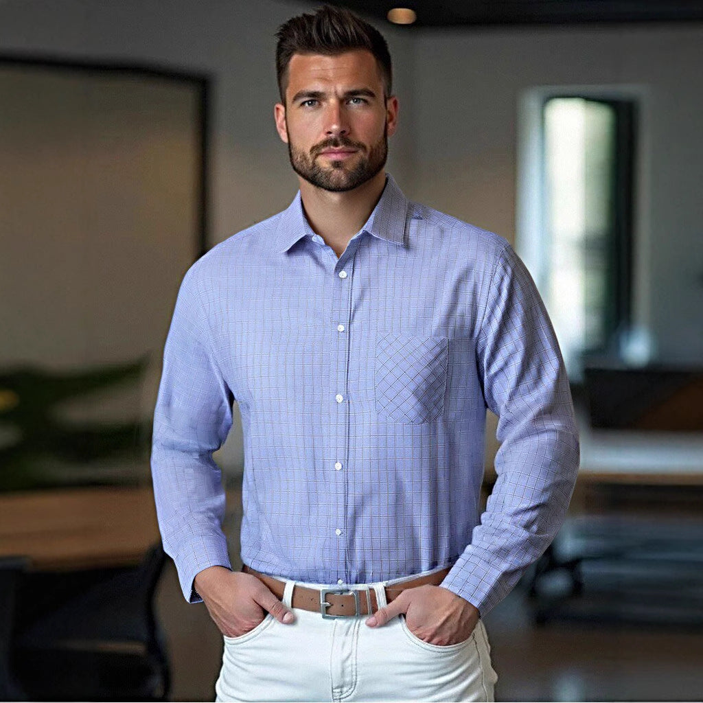 Herren strukturiertes Langarmhemd mit modischem Karo-Design und Brusttasche Aliams