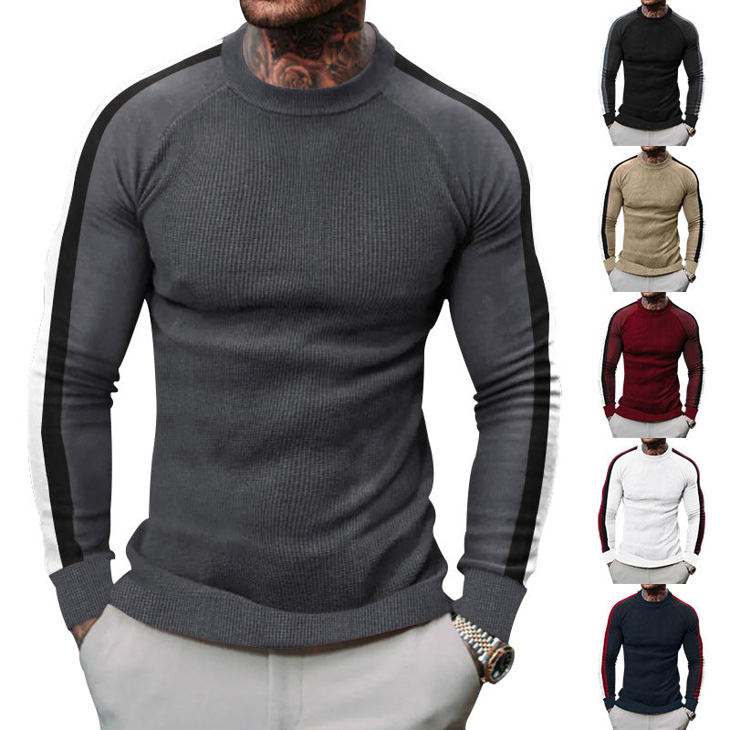 Herren sportlicher Strickpullover mit kontrastierenden Ärmeln und hohem Kragen Aliams