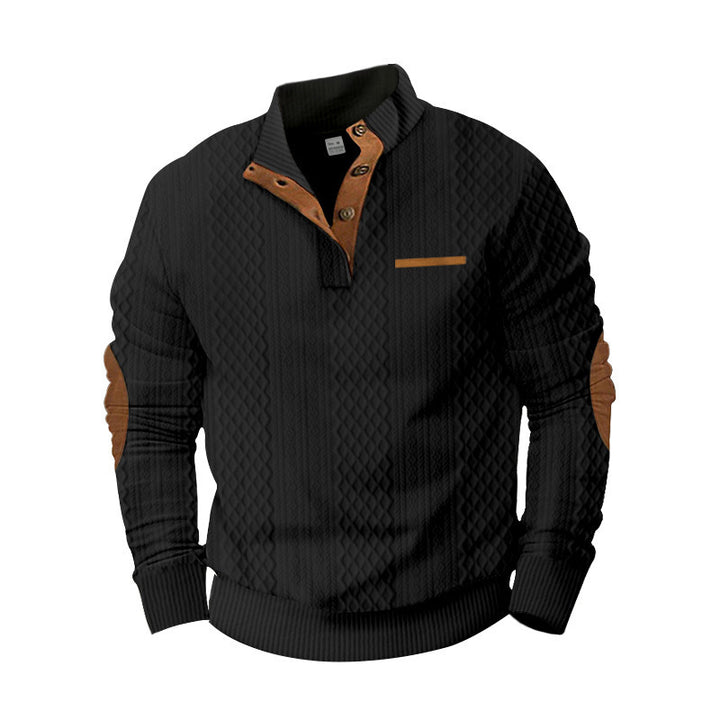 Herren strukturierter Pullover mit modischem Henley-Ausschnitt und geschmackvollen Kunstlederdetails Aliams