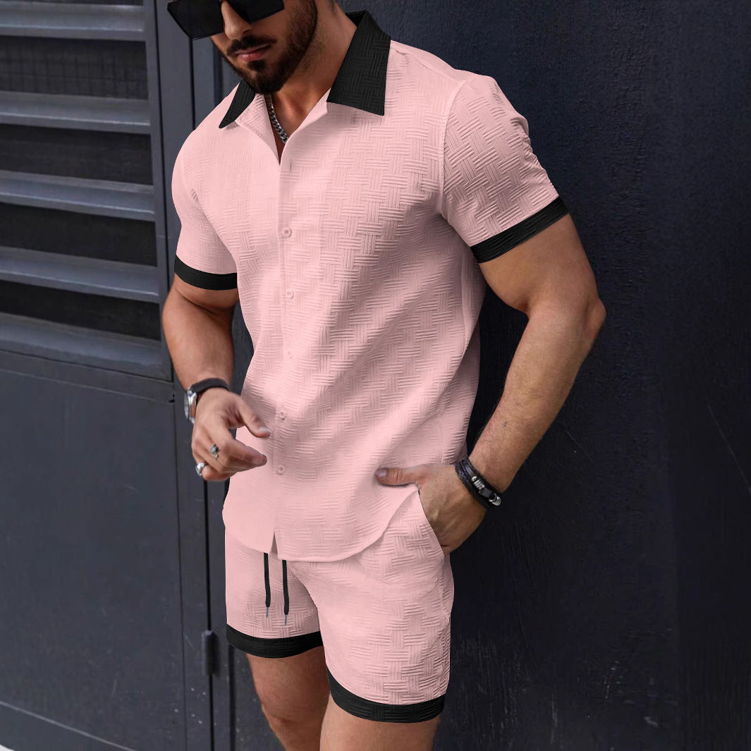 Herren strukturiertes Kurzarmhemd mit Knöpfen und Freizeit-Shorts-Set Aliams