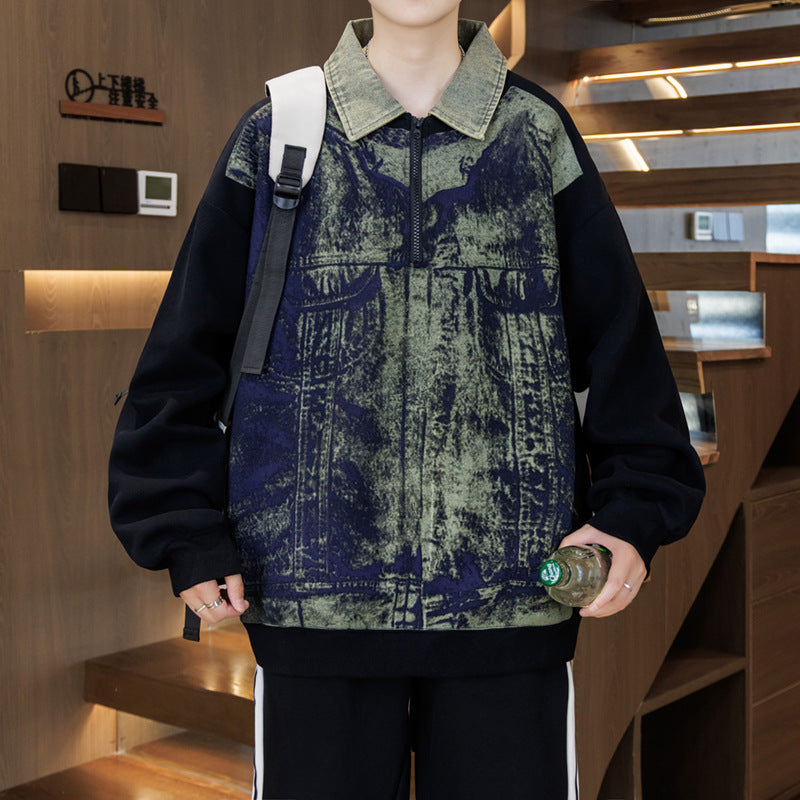 Unisex Oversized Sweatshirt mit blauem Denim-Design und Stehkragen Aliams