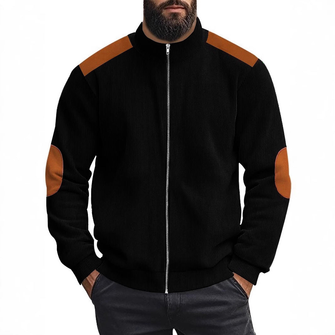 Herren Strickjacke mit modernen Lederakzenten und hoch geschlossenem Kragen Aliams
