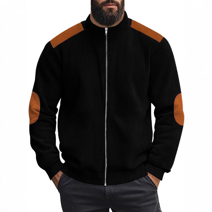 Herren Strickjacke mit modernen Lederakzenten und hoch geschlossenem Kragen Aliams