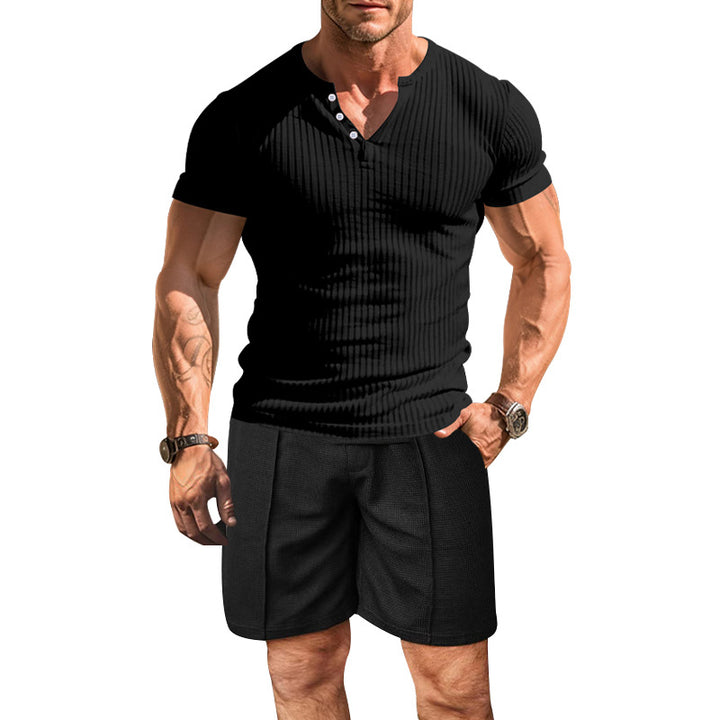 Herren strukturiertes Kurzarm-Henley-Shirt mit atmungsaktivem Design und bequemen Shorts Aliams