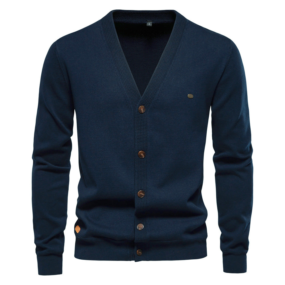 Herren Strickjacke mit V-Ausschnitt und modischen Holzknöpfen Aliams