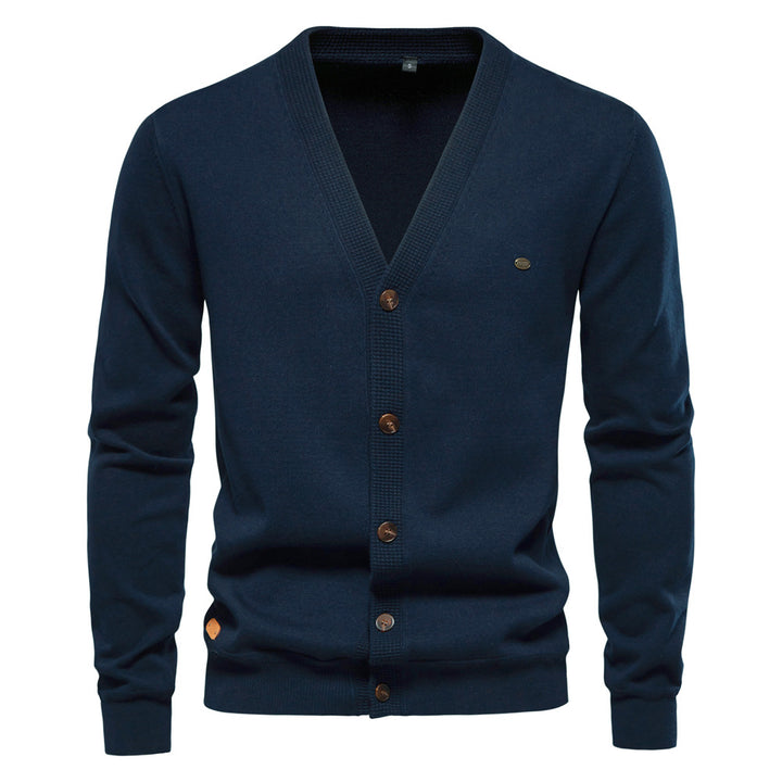 Herren Strickjacke mit V-Ausschnitt und modischen Holzknöpfen Aliams
