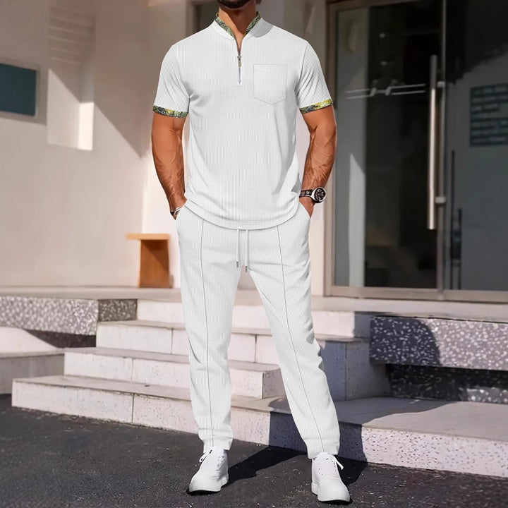 Herren Sportliches Kurzarm-Oberteil mit Reißverschluss und bequemen Jogginghosen Aliams