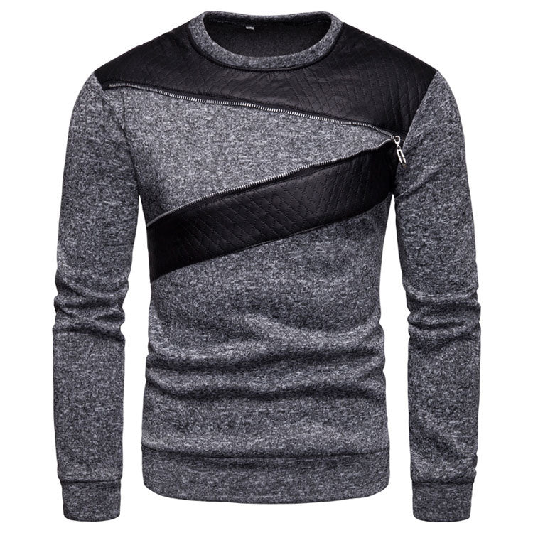 Herren stylischer Sweatpullover mit asymmetrischem Leder-Einsatz Aliams