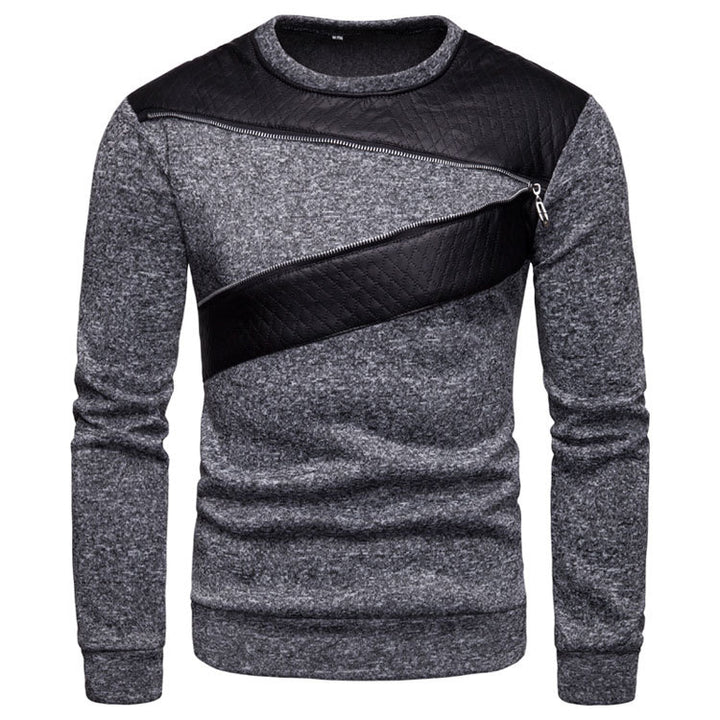 Herren stylischer Sweatpullover mit asymmetrischem Leder-Einsatz Aliams