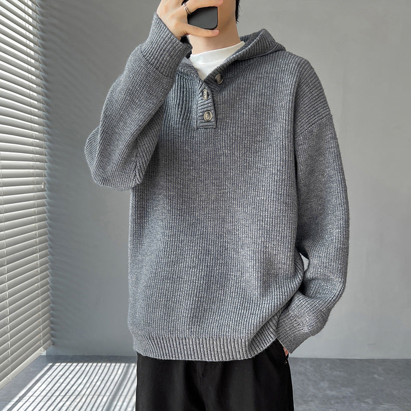 Herren Strickpullover mit Knopfleiste und Kapuze Aliams