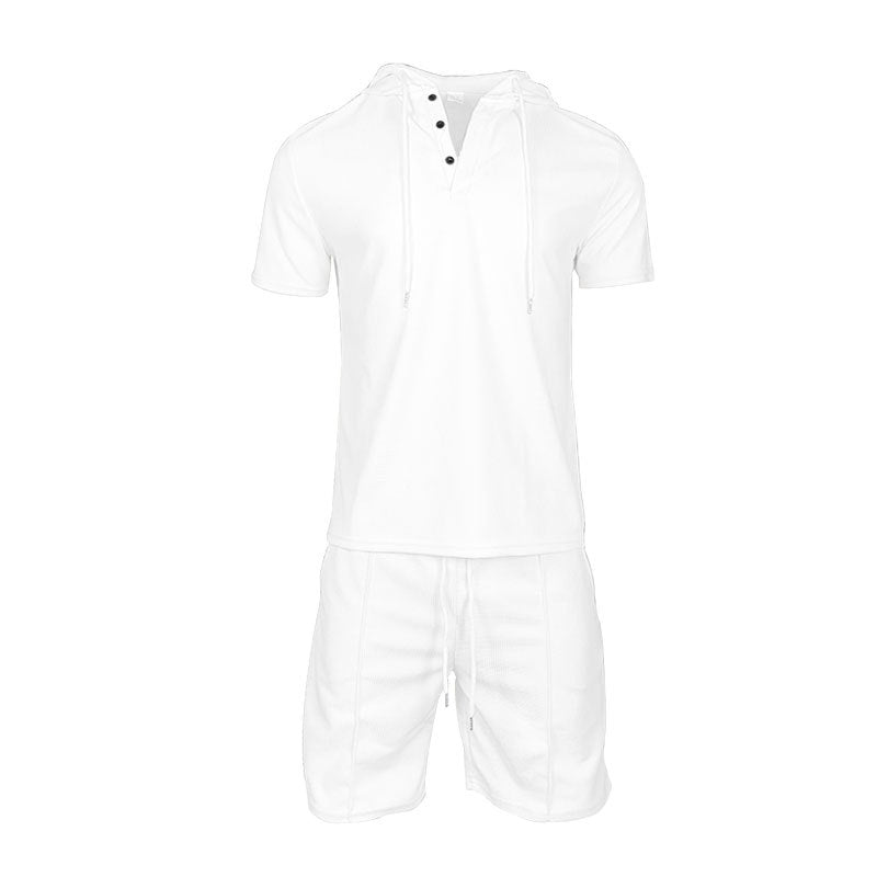 Herren Sportliches Kurzarm-Henley-Outfit mit Kapuze und Shorts Aliams