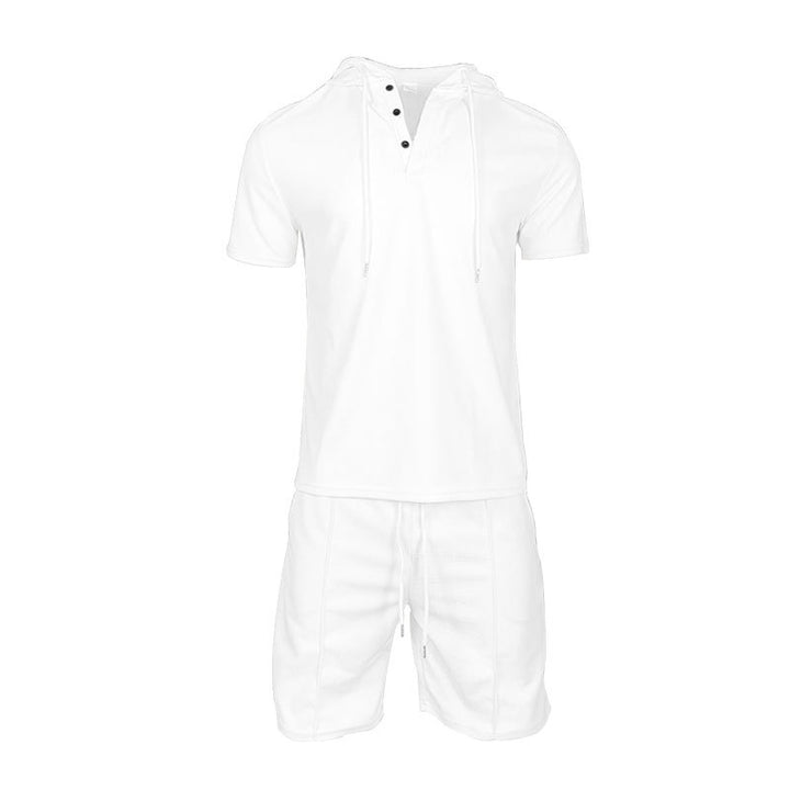 Herren Sportliches Kurzarm-Henley-Outfit mit Kapuze und Shorts Aliams