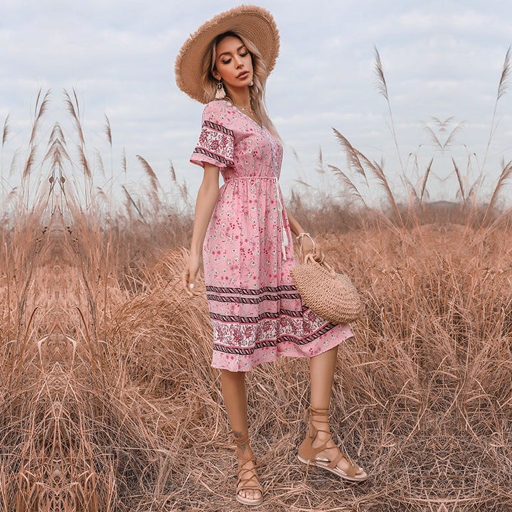 Damen Boho-Style Kleider mit Stickdetails und Taillenzugbund Aliams