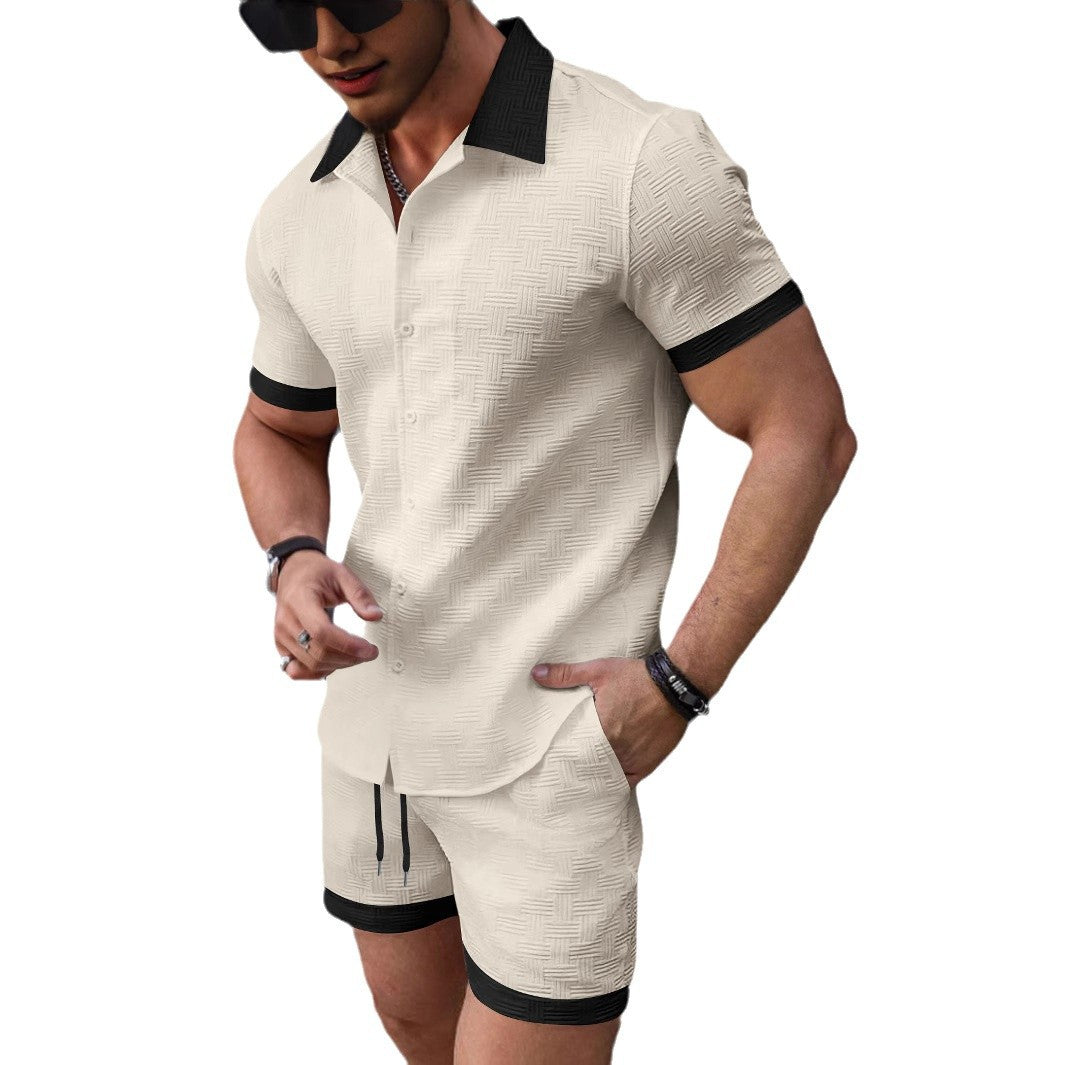Herren strukturiertes Kurzarmhemd mit Knöpfen und Freizeit-Shorts-Set Aliams