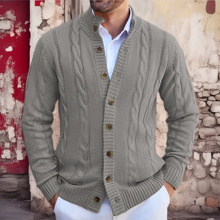 Herren Strickjacke mit Zopfmuster und umschlagbarem Kragen Aliams
