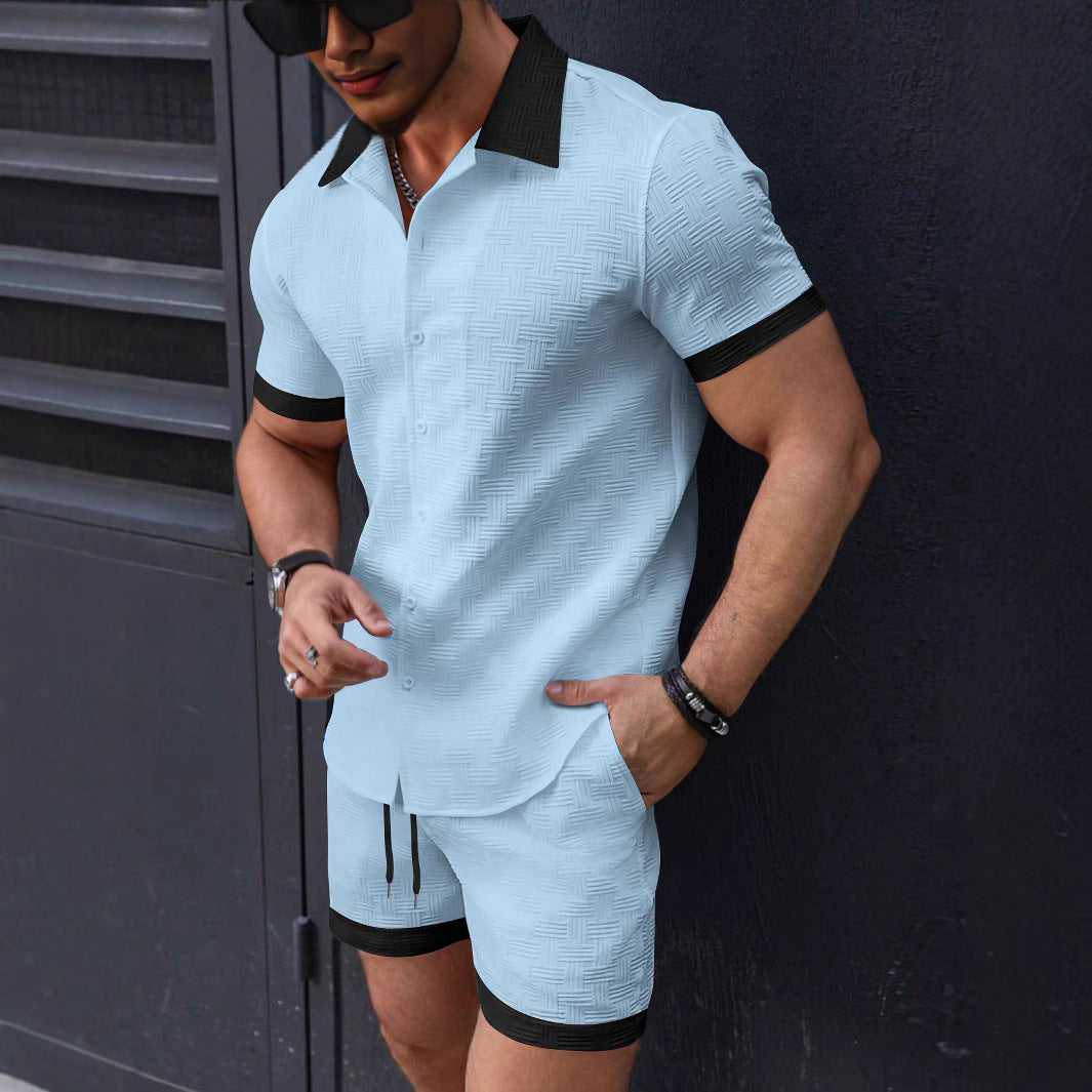 Herren strukturiertes Kurzarmhemd mit Knöpfen und Freizeit-Shorts-Set Aliams