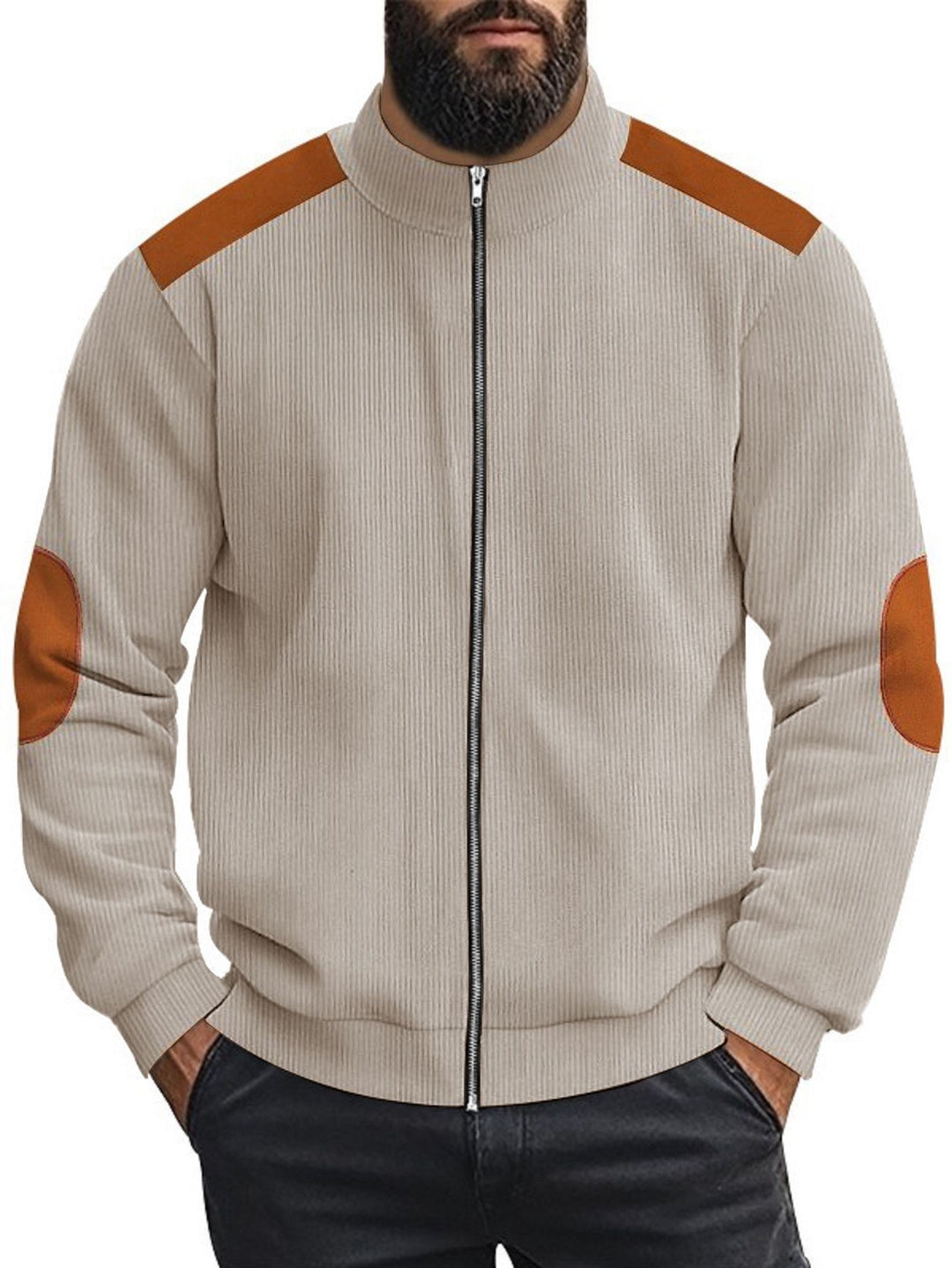Herren Strickjacke mit modernen Lederakzenten und hoch geschlossenem Kragen Aliams