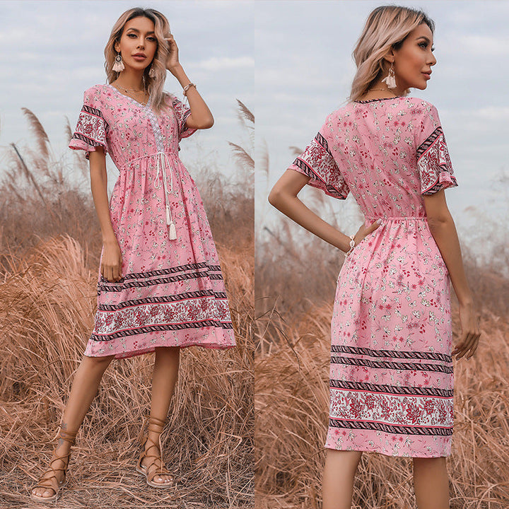 Damen Boho-Style Kleider mit Stickdetails und Taillenzugbund Aliams